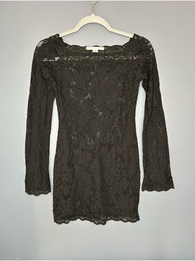 Vtg Victoria's Secret Chemise Dress M Black Floral Lace Sheer Long Slv Mini Sexy